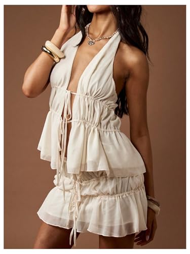 SHENHE Women's Y2k Boho Western Chiffon Halter Top Backless Tie Front Ruffle Peplum Flowy Tank3