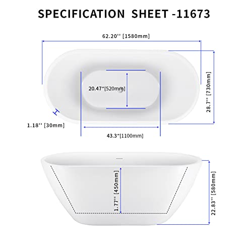 Image of 62 inch Acrylic Freestanding Bathtub, Double Ended Free Standing Tub, Soaking Tub with Integrated Slotted Overflow, Toe-Tap Chrome Drain, cUPC Certified, Glossy White