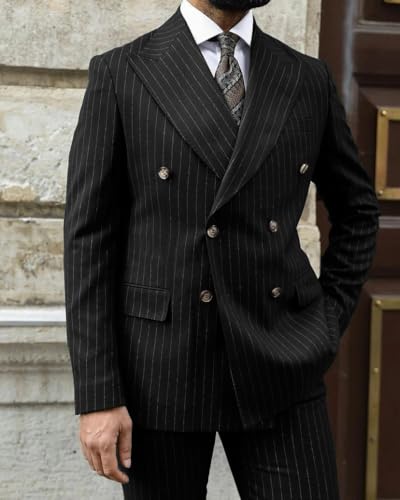 Mens Double Breasted Pinstripe Suit 2 Piece Set Business Formal Wedding Striped Slim Fit Suits for Men3