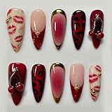 24Pcs Gold French Tip Press on Nails Medium Almond Fake Nails 3D Cherry Star with Rhinestones Glitter Design Full Cover Stick on Nails Red Gradient False Nails for Women Girls Artificial Acrylic Nails