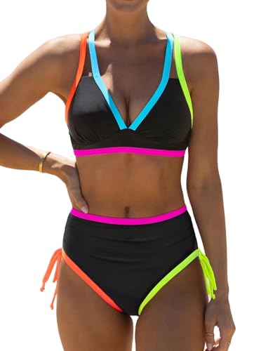 popvil Womens Swimsuits High Waisted Bikini Sets Tummy Control Neon Swimwear Bathing Suit