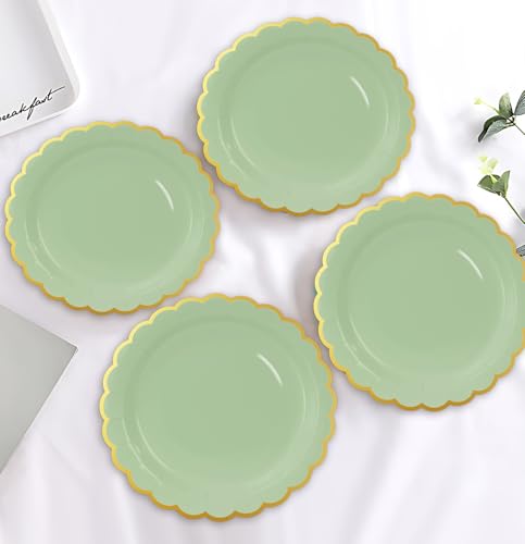Image of HEIPINIUYE 50 Pieces Sage Green Paper Plates with Gold Foil 9 Inch Disposable Sage Scalloped Dinner Plates for Wedding Baby Shower Birthday Party Dessert Plate