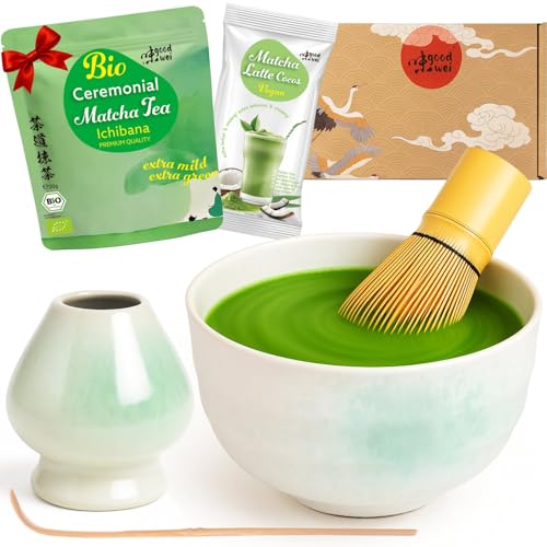 Goodwei Matcha Set mit Matcha Besen, Matcha Schale, Besenhalter aus Keramik und BIO Matcha Tee aus Japan | Geschenkset (Shiro) – Ansicht 1
