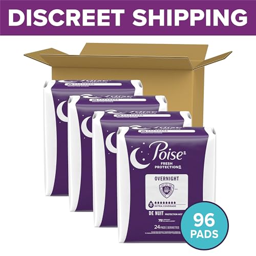 Image of Poise Overnight Incontinence & Postpartum Pads for Bladder Leaks, 8 Drop Extra Coverage, 96 Count (4 Packs of 24), Packaging May Vary