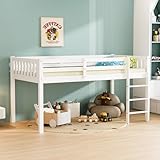 JOYMOR Low Loft Bed Twin Size, Wood Loft Bed Frame for Kids Junior Adults with Full-Length Guardrail and Ladder