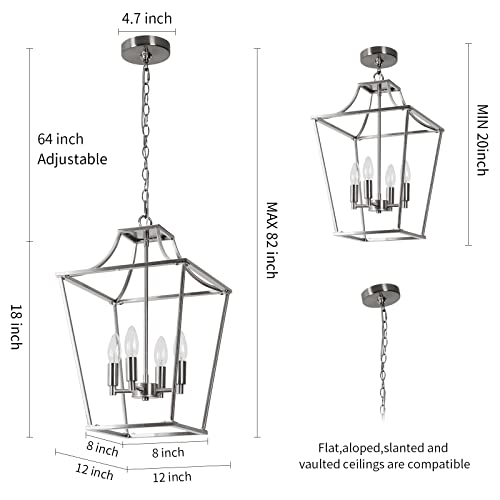 foucasal 4-Light Lantern Pendant Light, Brushed Nickel Hanging Light Fixtures Chandelier with E12 Bulb Base, 12" Adjustable Farmhouse Chandelier Lighting Fixture for Dining Room Kitchen Foyer - Image 4