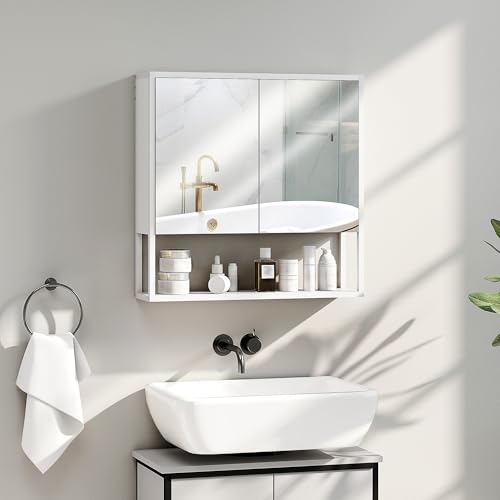 HOMCOM Armoire Murale Salle de Bain avec Miroir, 60 x 16 x 60 cm, Meuble Salle de Bain, Armoire de Toilette avec 2 Portes Miroir, étagère réglable et...