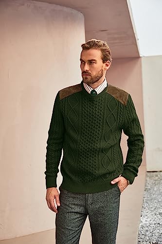 PJ PAUL JONES Mens Sweater Military Cable Knit Crewneck Vintage Long Sleeve Pulllover Sweaters with Suede Patchwork2