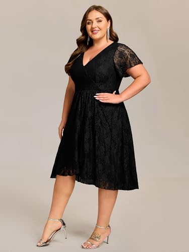 Image of Ever-Pretty Plus Women's Summer V Neck Short Ruffles Sleeves Lace Midi Plus Size Cocktail Party Formal Dresses