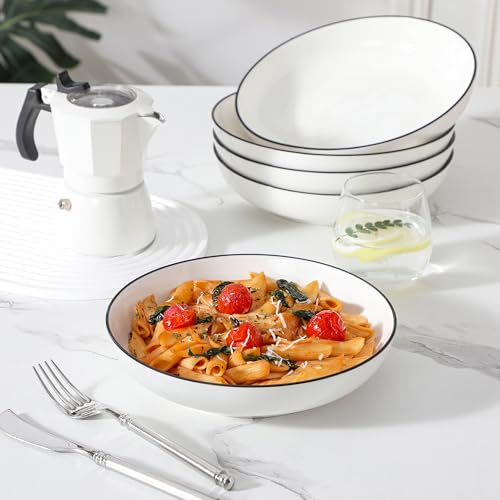 Image of MALACASA 8.85 inch Large Pasta Bowls, 42 OZ White Salad Bowls Soup Bowls, Porcelain Serving Bowls Set of 6, Ivory White with Black Rim, Microwave & Dishwasher Safe, Series REGULAR