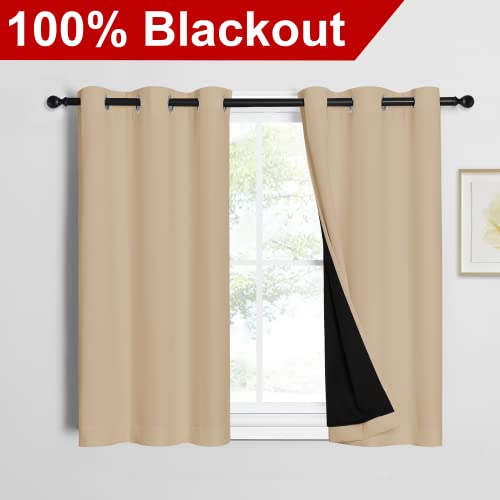 Image of NICETOWN Biscotti Beige Bedroom Full Blackout Curtain Panels, Super Thick Insulated Window Covers, Complete Blackout Draperies with Black Liner for Short Window(Set of 2, 42 by 45-inch)