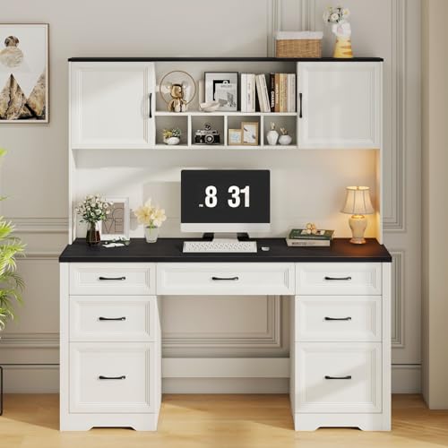 Image of Vabches Farmhouse Executive Desk with 7 Drawers and Storage Cabinet, Rustic Large Home Writing Desk with Hutch, Workstation for Bedroom, Black