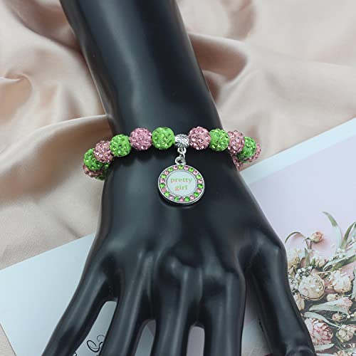 Scwasen Greek Sorority Paraphernalia Bracelet Gifts Pink and Green Sorority Jewelry Rhinestone Brooch Necklace Sisterhood Gift for Women Soror4