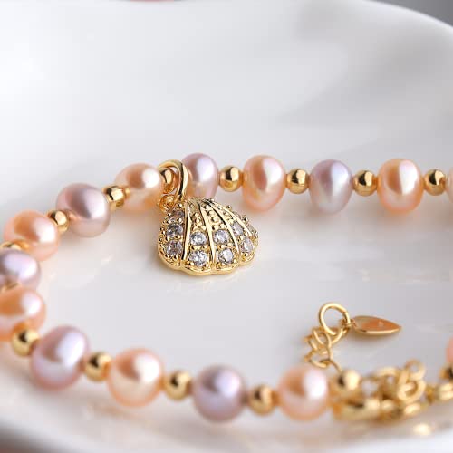 Sonateomber Shell Pearl Bead Chain Bracelet For Women - Pink Oval Rice Strand Princess Rhinestone Cubic Zirconia Charm Teen Girl Jewelry Gifts #TOP5