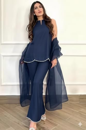 Image of Women's Teal Chiffon Kurta with Dupatta and Palazzo Pants, 3-Piece Ethnic Suit Set