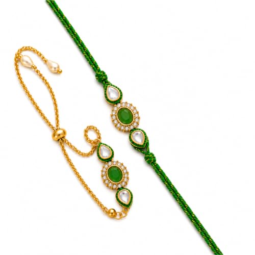 Image of eCraftIndia Designer Green Kundan Bhaiya Bhabhi Rakhi with Best Bro Ever Fridge Magnet, Premium Lumba Rakhi Set for Brother & Bhabhi, Raksha Bandhan Gift with Roli Chawal