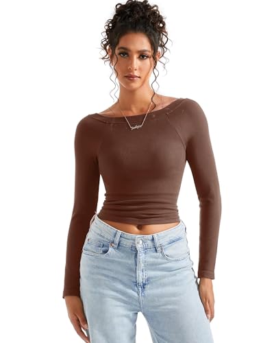 SUUKSESS Women Fall Modal Ribbed Top Boat Neck Long Sleeve Shirts