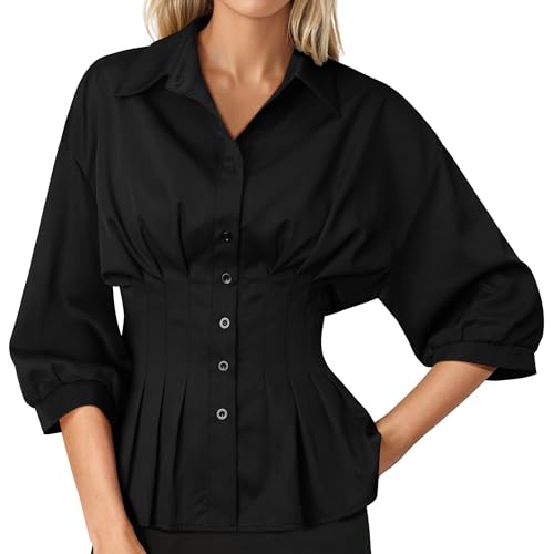 Women Pleated Peplum Blouse 3/4 Sleeve Button Down Cinched Waist Shirt Fitted Flattering Office Daytime Top