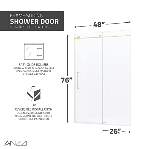 76 X 48 Inch Frameless Shower Door In Brushed Gold | Madam Water Repellent Glass Shower Door With Seal Strip | Easy Gilde Sliding Shower Door Parts Rollers | Sd-Az13-01Bg #TOP1