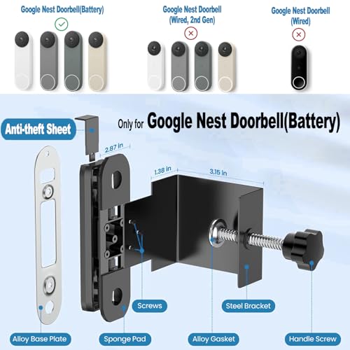 Anti-Theft Adjustable Mount for Google Nest Doorbell , No Drill Mount for Google Doorbell Camera, Adjustable Angle for - Additional View