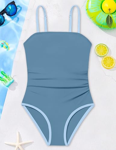 Image of Shallmu Girls One Piece Swimsuits Color Block Dual Crossback Straps with Cover Up Skirt Girl's Swimwear 9-16Y