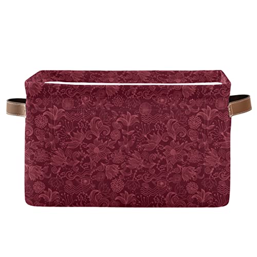 Burgundy Flower Rectangle Storage Basket Collapsible Storage Bin for Nursery Toys Books Waterproof Baskets for Closet Shelves Bedroom Decor
