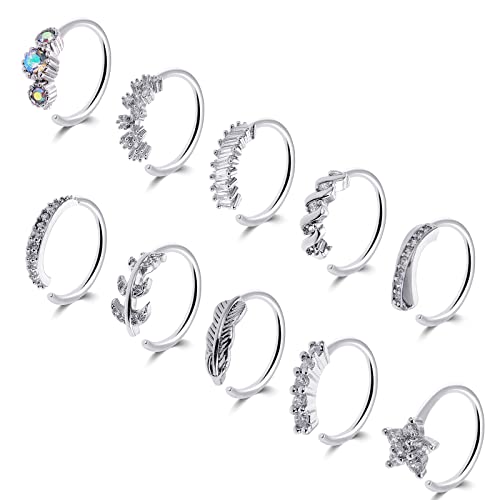 Yolev 10Pcs Nose Rings Hoops Septum Clicker Rhinestones Paved Leaf Feather Hinged Cartilage Tragus Lip Earrings Nose Piercing Hoop for Women(8MM)