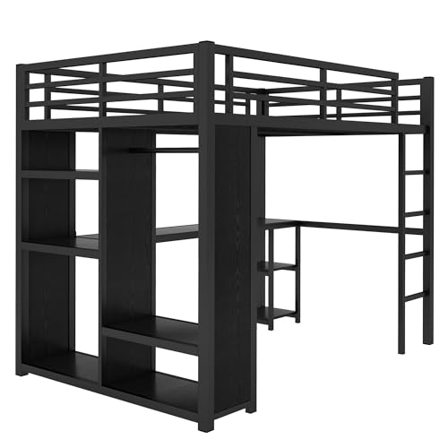 Image of Bellemave Full Size Loft Bed with Desk, Wardrobe, Metal Full Loft Bed Frame for Adults, Kids, Teens, Black