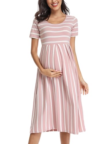 BBHoping Women’s Casual Striped Maternity Dress Short&3/4 Sleeve Knee Length Pregnancy Clothes for Baby Shower