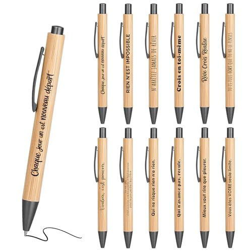 Xingch Lot de 12 stylos à bille en bois à encre rétractable et citations inspirantes. Un cadeau parfait pour remercier vos collègues, employés, camarades...