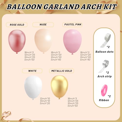 Image of 412Pcs Rose Gold Balloon Garland Arch Kit,18 12 10 5 Inch Nude Pastel Pink Metallic Gold White Balloons for Women Girls Birthday Bridal Baby Shower Decorations