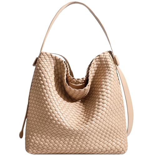 Image of Large Woven Tote Bag Vegan Leather Shoulder Bag for Women Fashion Travel Shopper Bag Top Handle Handbag and Purse