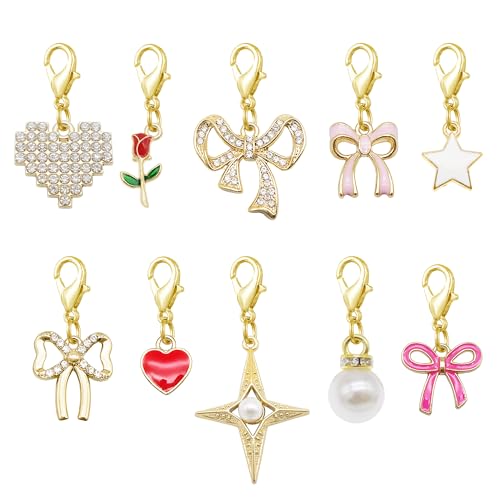 Julie Wang 20PCS 10 Styles Gold Tone Shoe Charms for Sneakers Shoes Laces Decoration Bow Pendant with Lobster Clasp Handmade Jewelry Accessory