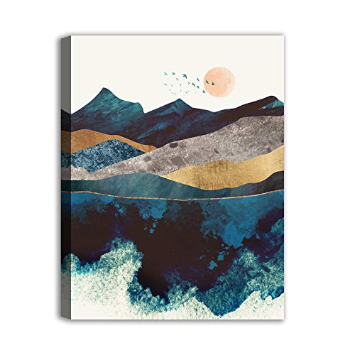 Geometric Forest Sunset Canvas Wall Art Prints Abstract Mountain Landscape Canvas Picture Nordic Style Nature Flying Brids Wall Decor Painting for Living Room Wooden Frame Ready to Hang