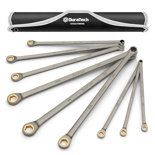Image of DURATECH Extra Long Anti-Slip Ratcheting Wrench Set, Double Box End Wrench Set, 9-Piece, SAE, 5 /16 inch, 11 /32 inch, 3 /8 inch, 7 /16 inch, 1 /2 inch, 9 /16 inch, 5 /8 inch, 11 /16 inch, 3 /4 inch, CR-V Steel, with Rolling Pouch