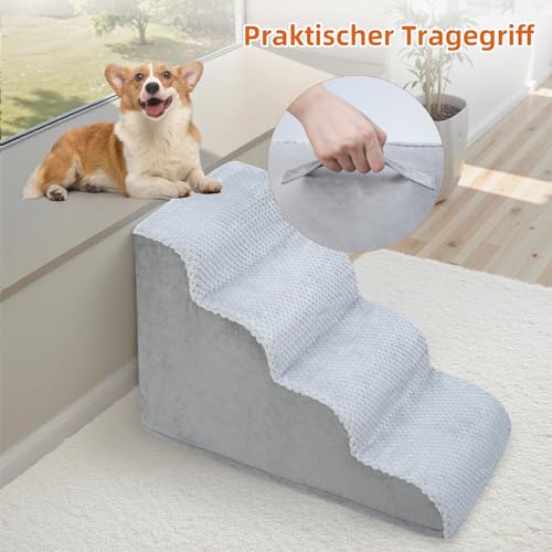 KSIIA Hundetreppe 4 Stufen, 50cm Hoch Haustiertreppe Hundetreppe für Kleine Hunde, Katzentreppe Hunderampe mit Waschbar Bezug für Bett, Couch, Sofa und Auto, 40x72x50cm, Grau