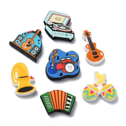 Ipotkitt 14 Pcs 7 Styles Musical Silicone Focal Beads Guitar Trumpet Record Player Beads Instrument Focal Beads for DIY Gift Bag Keychain Jewellery Making
