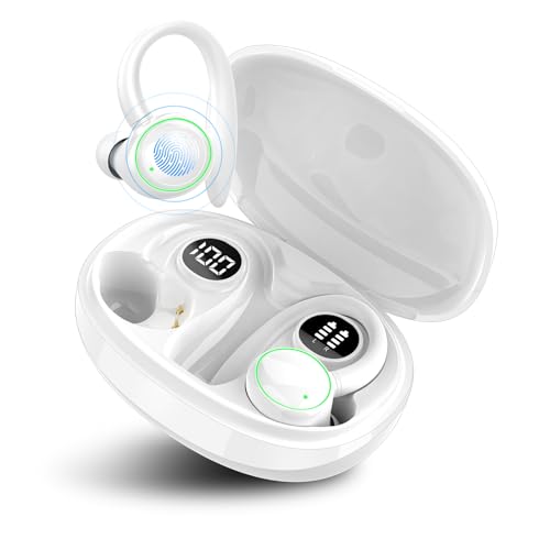 Wireless Earbuds, Bluetooth 5.3 Headphones HiFi Stereo, Bluetooth Earbuds with ENC Noise Cancelling Mic, IP7 Wireless Earphones with 48H LED Display, Sport Headsets over Ear EarHook for Running, White