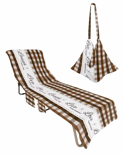 Brown Plaid Beach Lounge Chair Towel Cover, Soft Chaise Lounge Towel with Side Pockets Patio Pool Chairs Cover for Beach/Pool Sunbathing 29x85 Farmhouse Buffalo Checkered Vintage