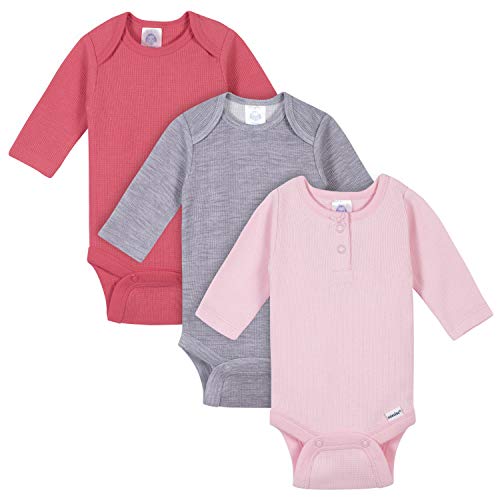 Gerber Baby Girl's 3-Pack Long Sleeve Thermal Onesies Bodysuits Pants, Pink/Grey, 0-3 Months
