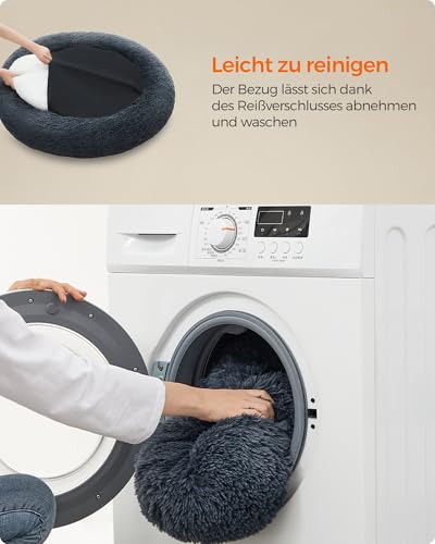 Feandrea Hundebett flauschig, Katzenbett, Donut Kissen, waschbar, Polsterung in der Mitte herausnehmbar, Langer Plüsch, 90 cm Durchmesser, dunkelgrau PGW041G02