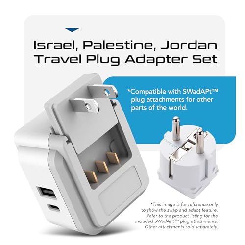 Image of Ceptics Israel, Jordan Power Plug Adapter Travel, 20W PD & QC, Safe Dual USB & USB-C 3.1A -2 USA Socket - Use in Jerusalem, Palestine, UAE - Includes Type H, Type C, Type G Swadapt Attachments