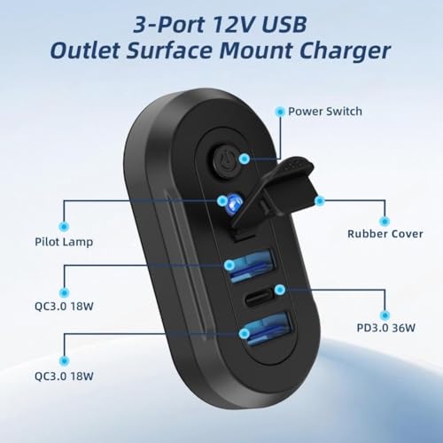 Cargador de coche USB C de 3 puertos impermeable de 72W para camión 5