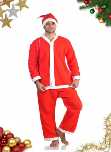 Image of PoPo Toys Santa Claus Costume for Christmas Adults Extra Large | Can Fit Any Individual | Red Santa Suit with Coat, Pant, Hat & Bag | Xmas Party & Fancy Dress Outfit Size 8 /XL