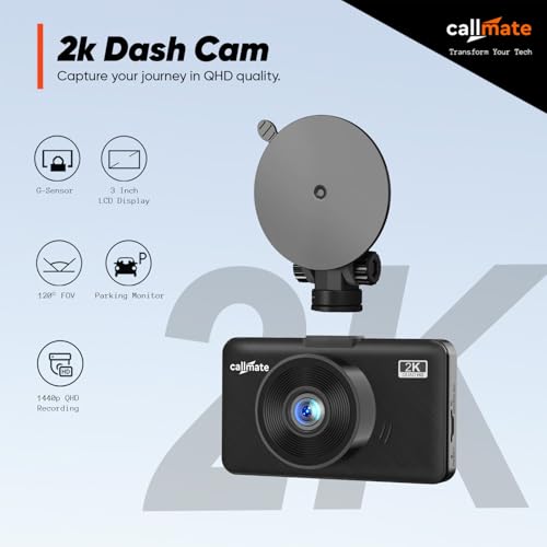 Image of Callmate 2k Car Dashboard Camera, 3 Inch Display with Loop Recording (G-Sensor & Motion Detection) with Easy Installation & Secure Ride (Black, Suction Lock)