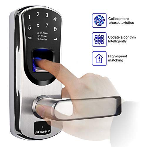 Ardwolf A60 Biometric Door Lock, Keyless Entry Fingerprint and Keypad Touchscreen Electronic Smart Front Door-Locks, with Spare Key US TI chip 304 Stainless Steel (Right-Handle)