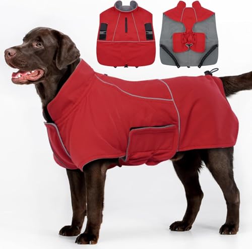Katzinst Hundejacke Wasserdichter, Warmer Hundemantel für Große Hunde, Leichte & Fleece Hundemantel, Hundejacke mit Reflektierender Streifen, Regentag, Border Collie Cheng Rot 2XL