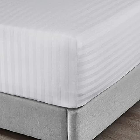 Oxford Homeware Fitted Sheets King Size 25cm Deep Brushed Microfiber Bed Sheets - Easy Care Soft Satin Stripe White Fitted Bed Sheet - Shrinkage and Fade Resistant Cover