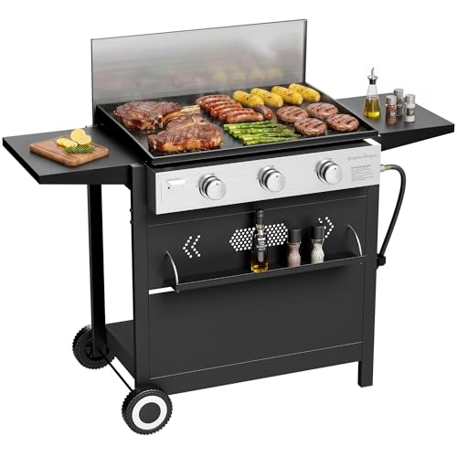 Captiva Designs 27 in Flat Top Griddle Grill with Ceramic Coated Cast Iron Pan, 3-Burner Propane Gas Griddle Grill, 33,000 BTU Output Flattop Grills for Outdoor Barbecue, Cooking and Party