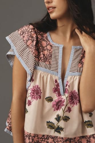 Women Boho Floral Peplum Shirt Flutter Sleeve Ruffle Babyboll Tops V Neck Patchwork Summer Coquette Blouse4